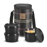 MILTON Lofty Lunch Box with Insulated Fabric Bag, Microwave Safe & Leak Proof, 3 Inner Steel Containers with BPA Free Lids (1 x 320 ml, 2 x 450 ml Each)