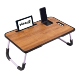 Real Bamboo Wood Smart Multipurpose Foldable Laptop Table with Cup Holder, Study Table, Bed Table, Breakfast Table, Portable,Ergonomic & Rounded Edges/Non-Slip Legs (Wood)