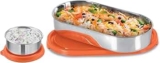 MILTON Steel Refresh Tiffin 650 Oval Container with Lid 675ml with Round Tiffin Box Steel 90ml, Lunch Box for Women, Lunch Box for Office Use, Tiffin Box for School, Orange