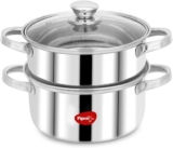 Pigeon By Stovekraft Steel X Steamer Stainless Steel Induction Base, Modak Maker/Momo Maker, Dual Compartment With Glass Lid, 4.6L Capacity, Silver